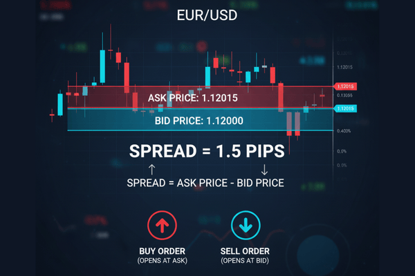 Penjelasan apa itu spread, dimana ask price dikurangi bid price - Ultima Markets